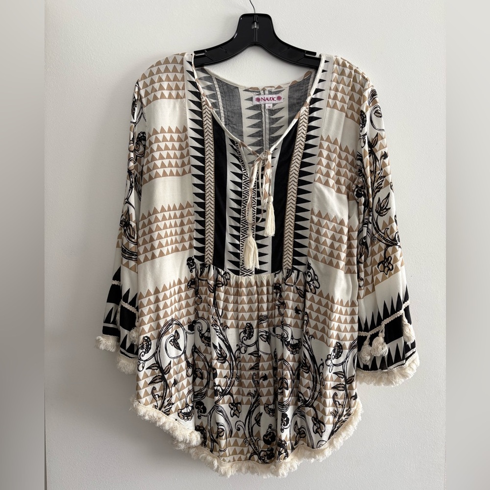 Euro-Australian inspired Naudic blouse with embroidery details and fringe